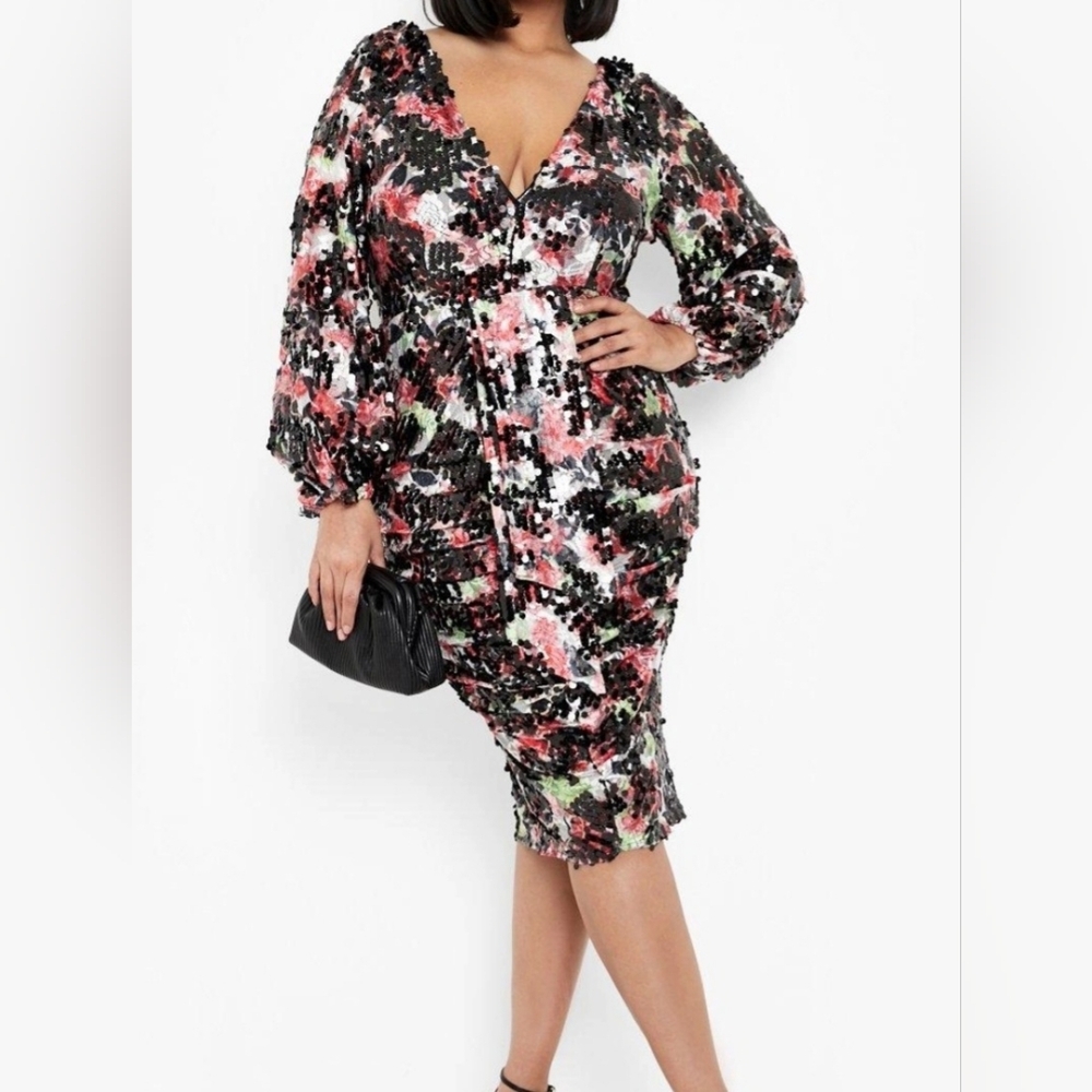Boohoo Occasion Elegant Black Sequin Floral Ruched Wedding Evening Dress